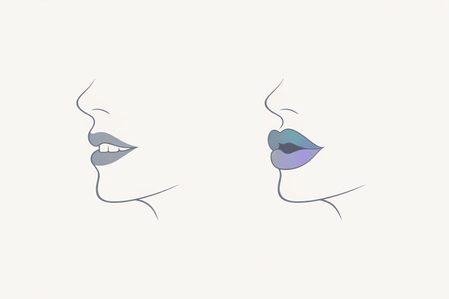 Two mouth cross-sections side by side, one with lip touching teeth, one with rounded lips and no contact