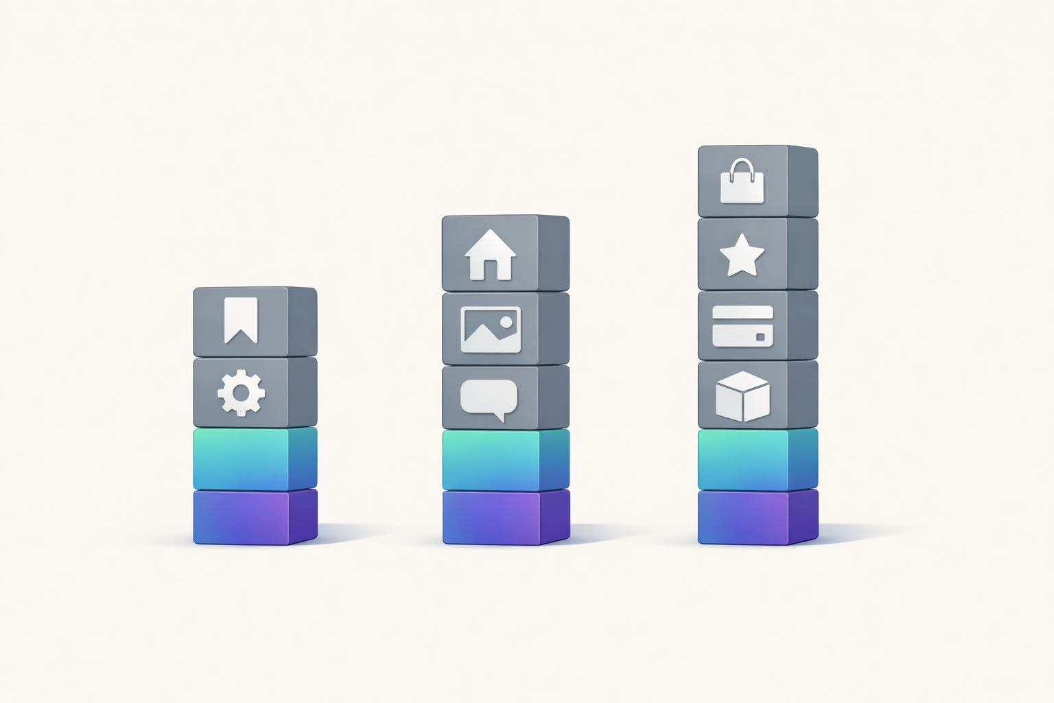 Three stacks of blocks at different heights comparing a bookmark, a home-screen web app and a store app