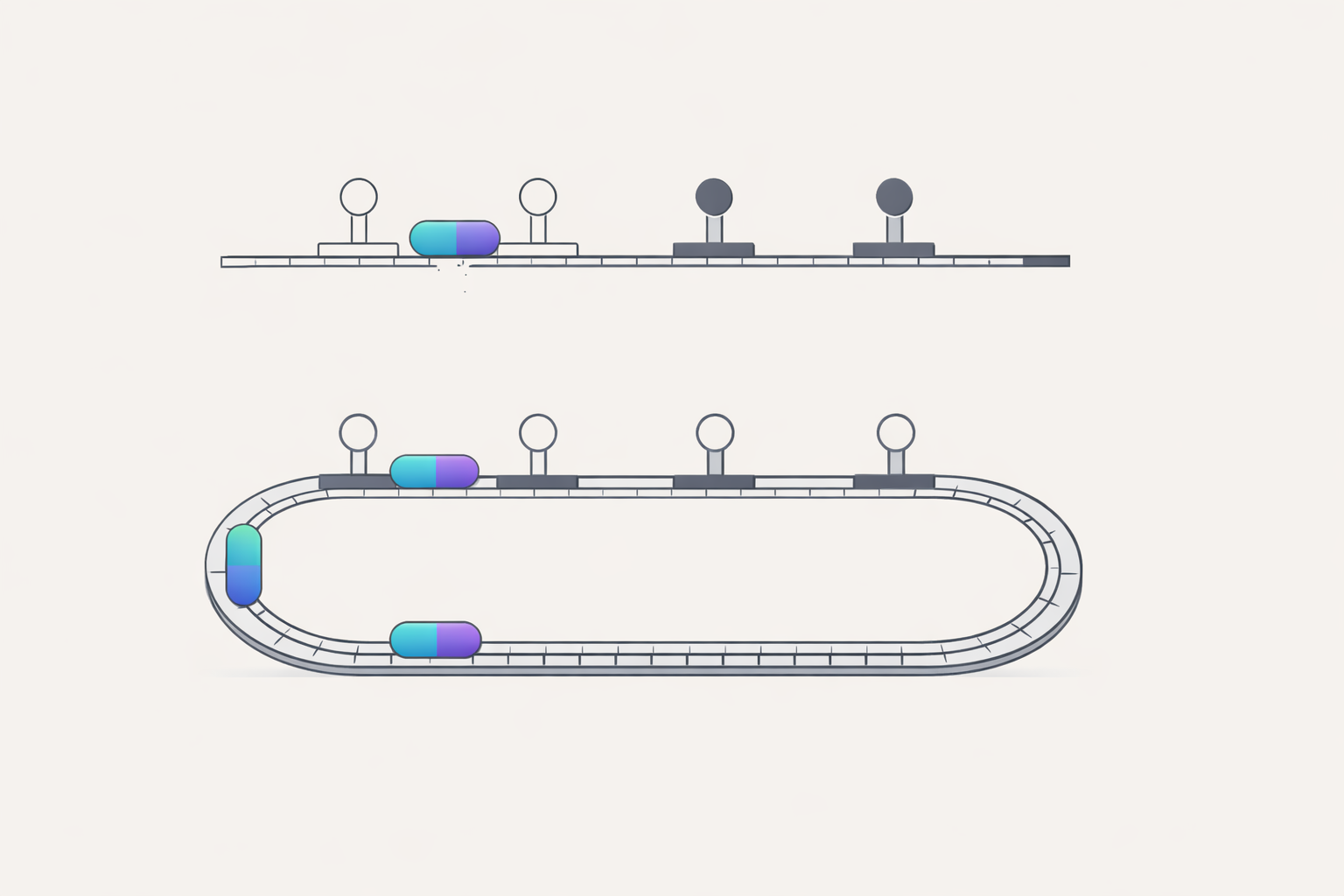 Two four-station tracks, one losing its item after the second station and one looping it back to the start