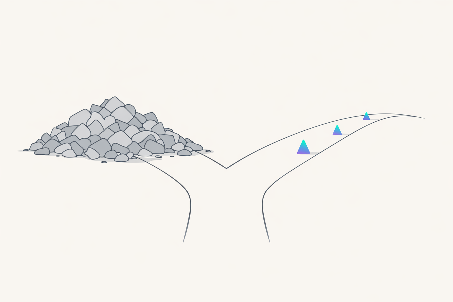 A fork where a loose drift of material and a single recurring marked item take different routes