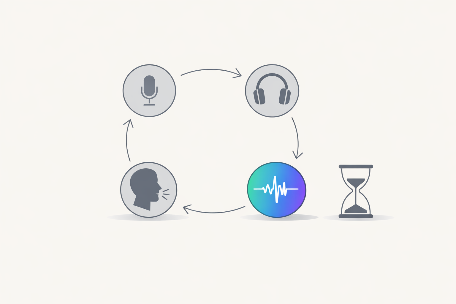 A four-step circular loop of simple shapes beside a small sand timer