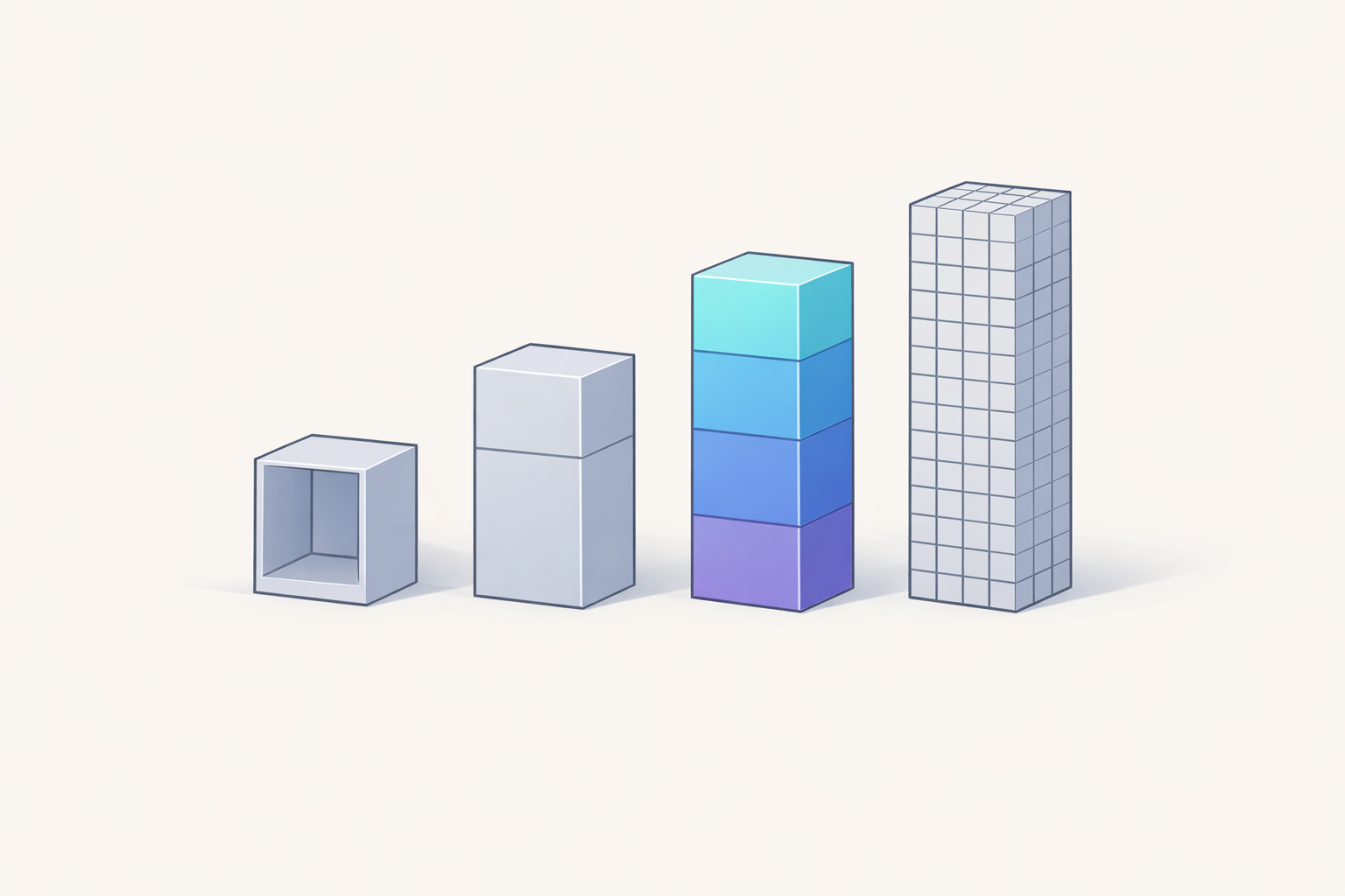 Four blocks of different heights and different internal density standing side by side