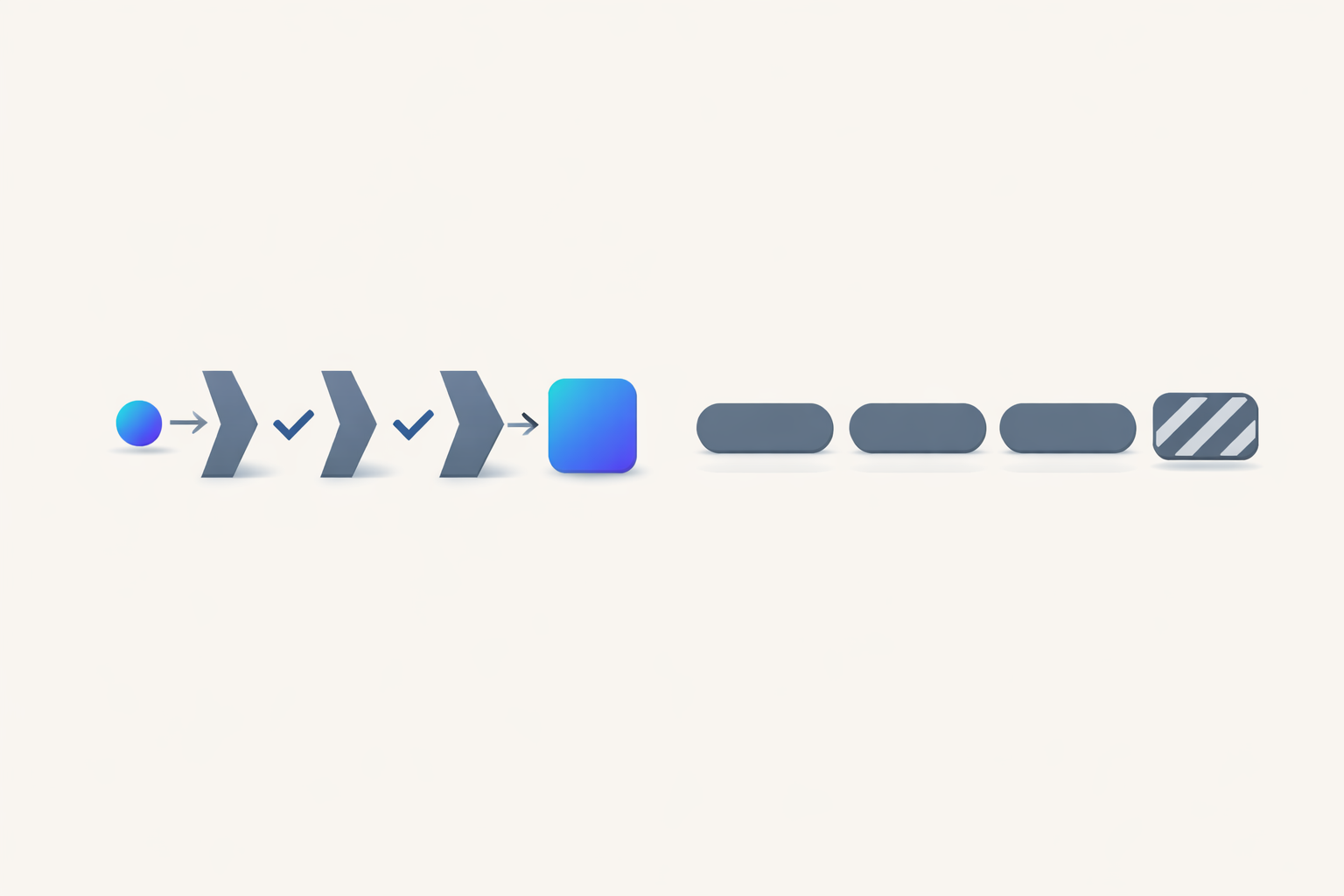 A diagram of one item passing three spaced checks before closing, next to three filled slots and one barred slot