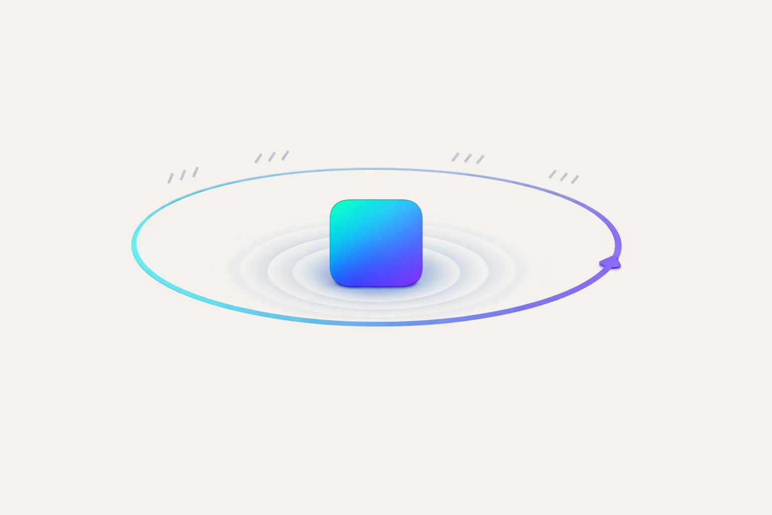 An app icon with a soft outgoing pulse and a circular path returning to it across repeated marks