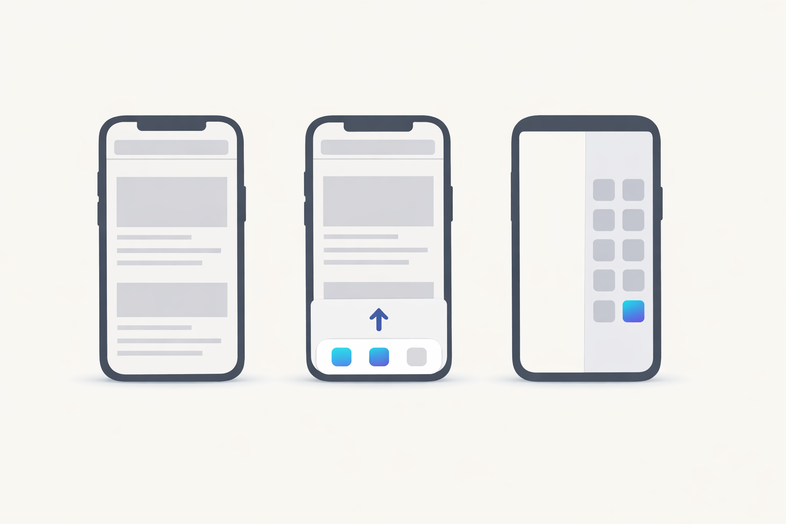 Three phone outlines showing a web page becoming a full-screen app icon on a home screen grid