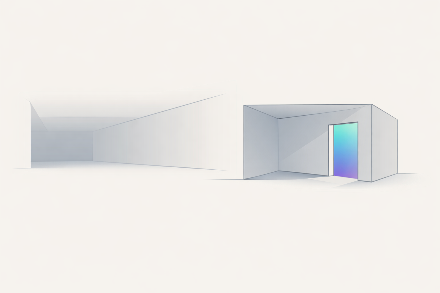 A hall with no visible end beside a small room whose far wall you can see from the doorway.