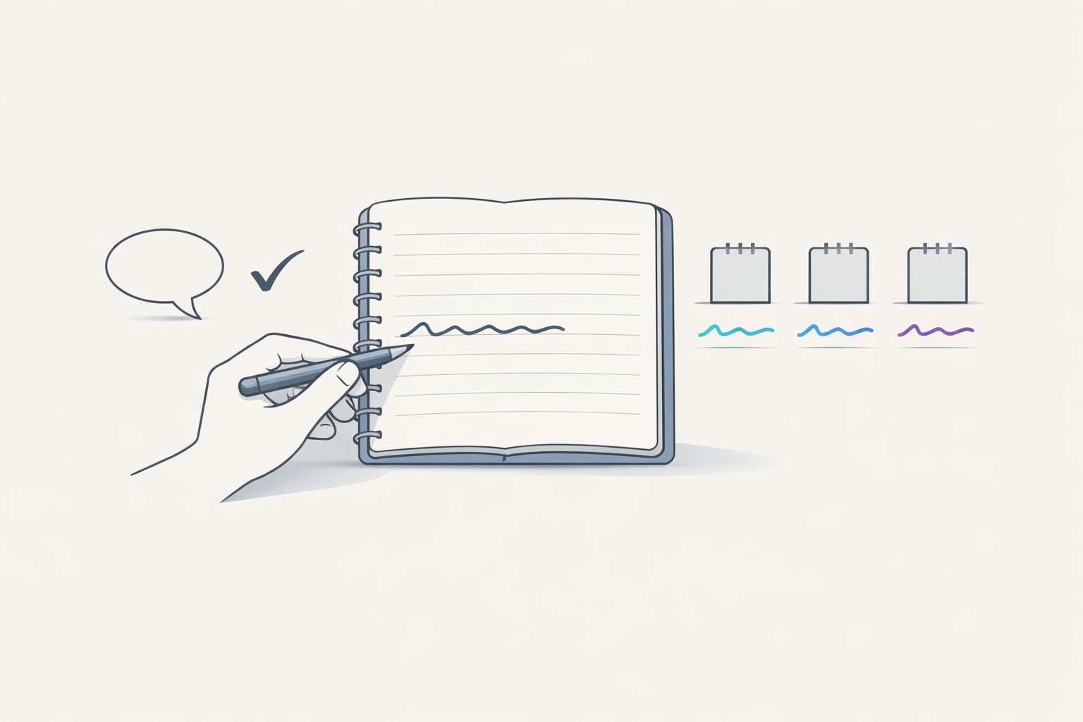 A loop showing speaking, one correction, a notebook line, and that line returning on three later days